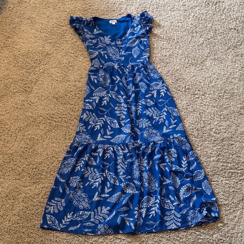 Market & Spruce Royal Blue Dress with White Leaf Pattern